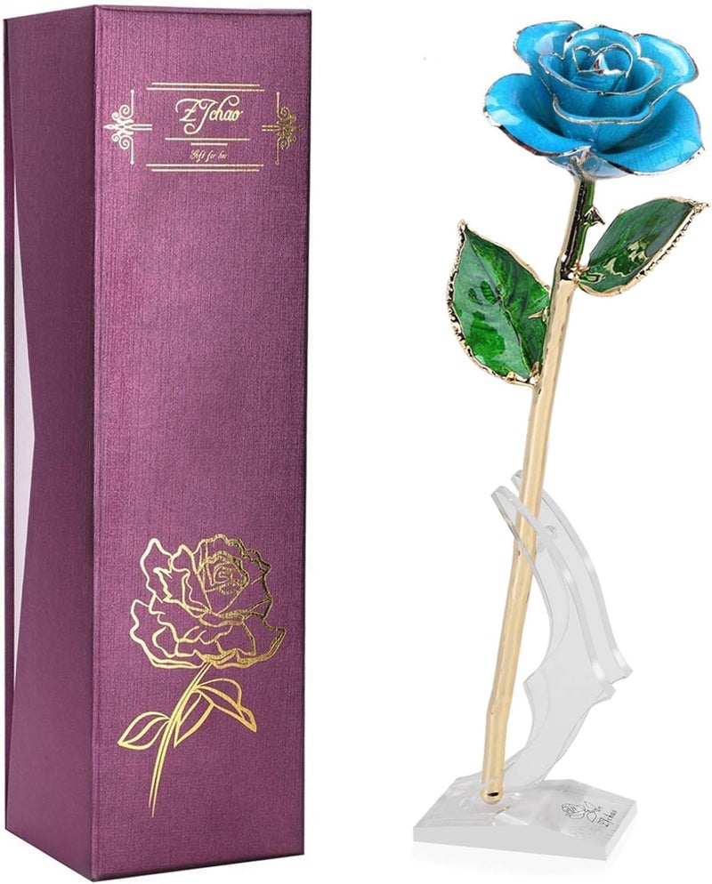 klarako 24K Light Blue Rose for Her, Dipped Gold Rose Eternity Love Real Golden Plated Preserved Forever Flower with Rose Stand Present for Wife/Girlfriend/Lover (Light Blue) - Image 1