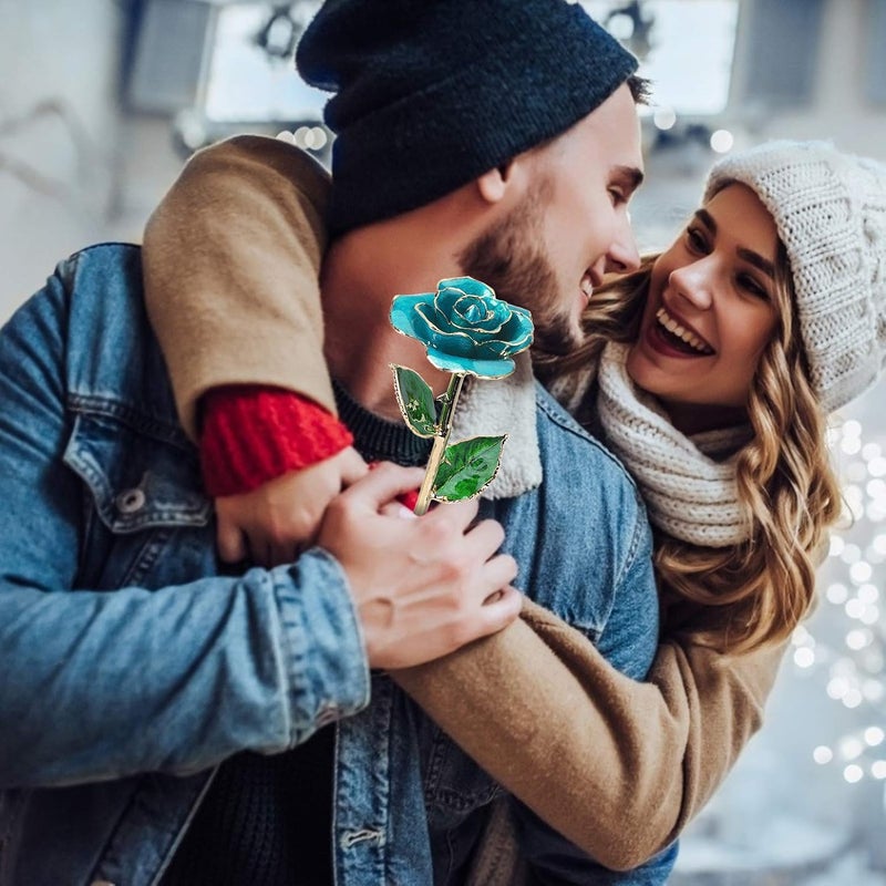 klarako 24K Light Blue Rose for Her, Dipped Gold Rose Eternity Love Real Golden Plated Preserved Forever Flower with Rose Stand Present for Wife/Girlfriend/Lover (Light Blue) - Image 5