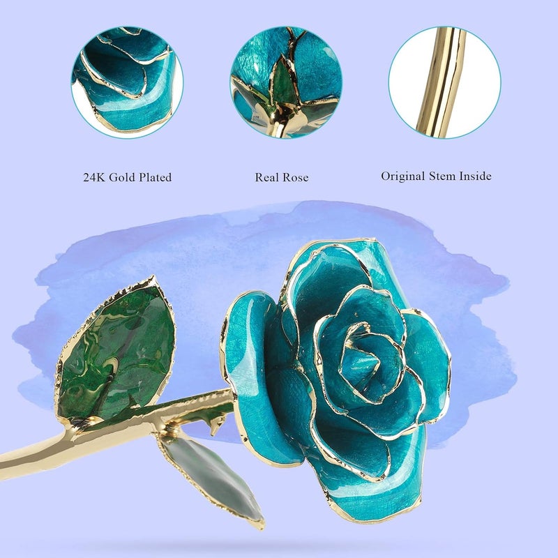 klarako 24K Light Blue Rose for Her, Dipped Gold Rose Eternity Love Real Golden Plated Preserved Forever Flower with Rose Stand Present for Wife/Girlfriend/Lover (Light Blue) - Image 3
