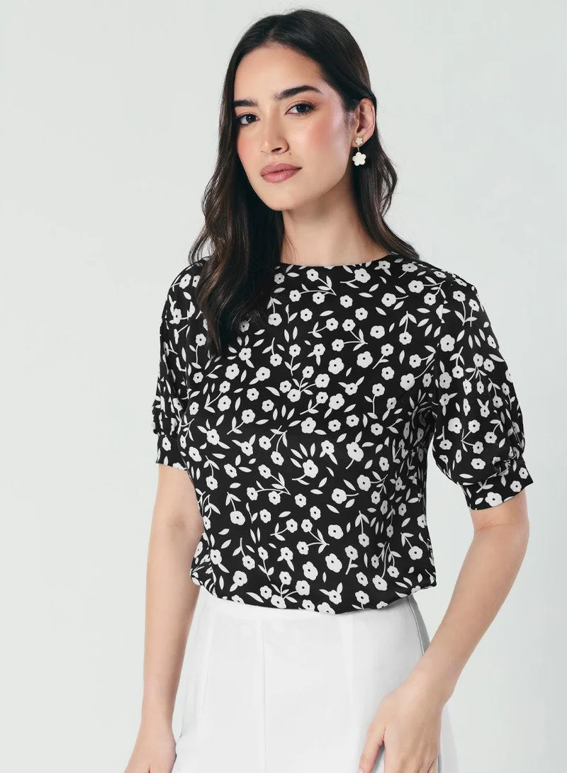 Zigzag Short Sleeve Black White Printed Top
