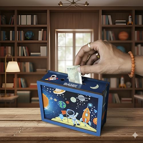 DARSHANAM WORLD Space Theme Money Bank for Kids | Baby Learning Piggy Bank | Cartoon Astronaut Rocket Design Coin & Cash Saving Box | Educational Gift for Children (Galaxy) - Image 4