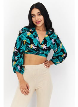 Women Tie Neck Long Sleeve Floral Print Crop Top, Green/Black Combo - pzsku/ZA816E949A77C0D9C8C28Z/45/_/1724351221/caf73789-f4b7-46eb-8531-9b9c1ca453ed