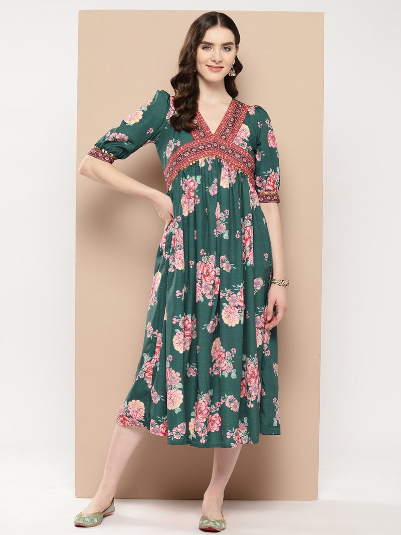 Ahalyaa Green Floral Ethnic Dress for Women - Image 1