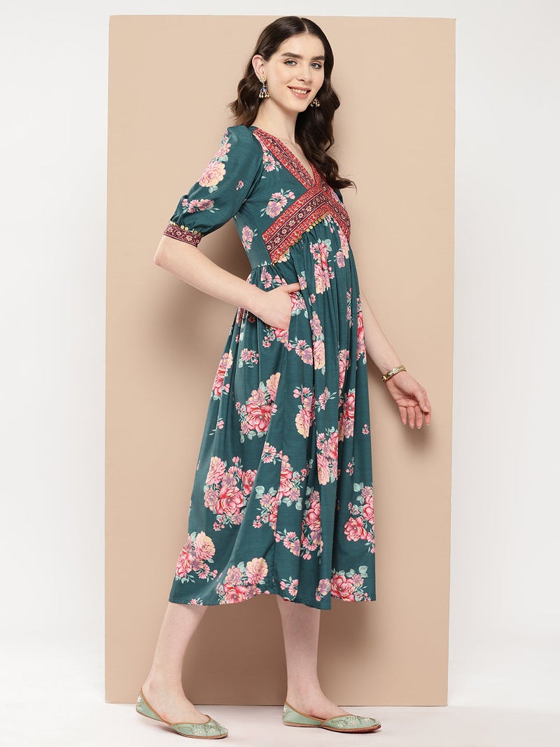 Ahalyaa Green Floral Ethnic Dress for Women - Image 3