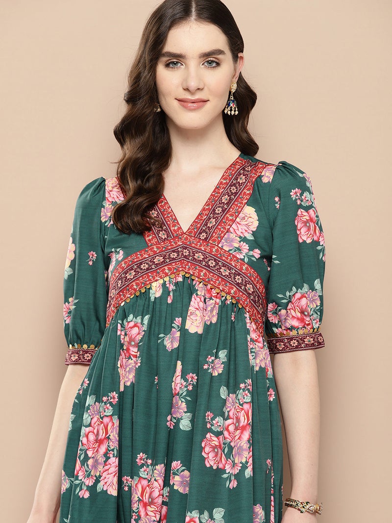Ahalyaa Green Floral Ethnic Dress for Women - Image 5