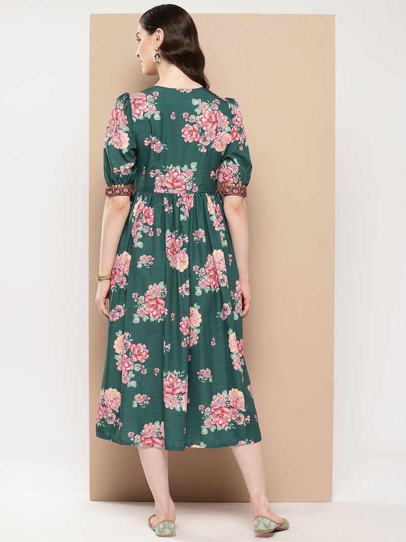 Ahalyaa Green Floral Ethnic Dress for Women - Image 2