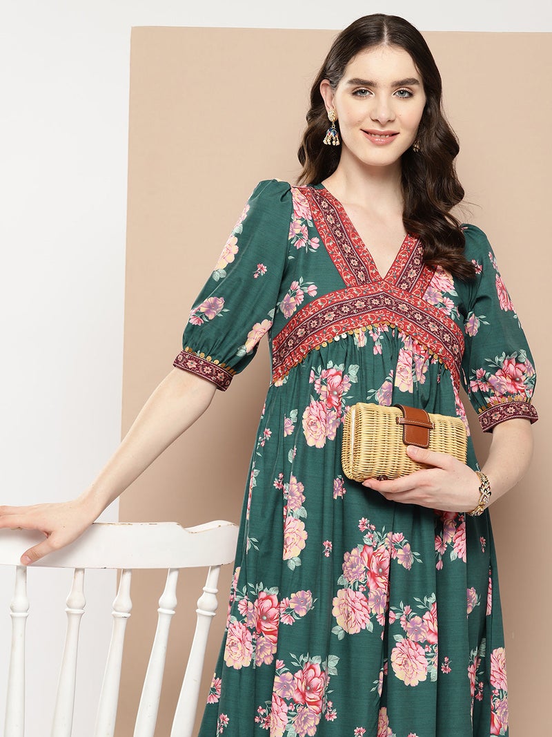 Ahalyaa Green Floral Ethnic Dress for Women - Image 4