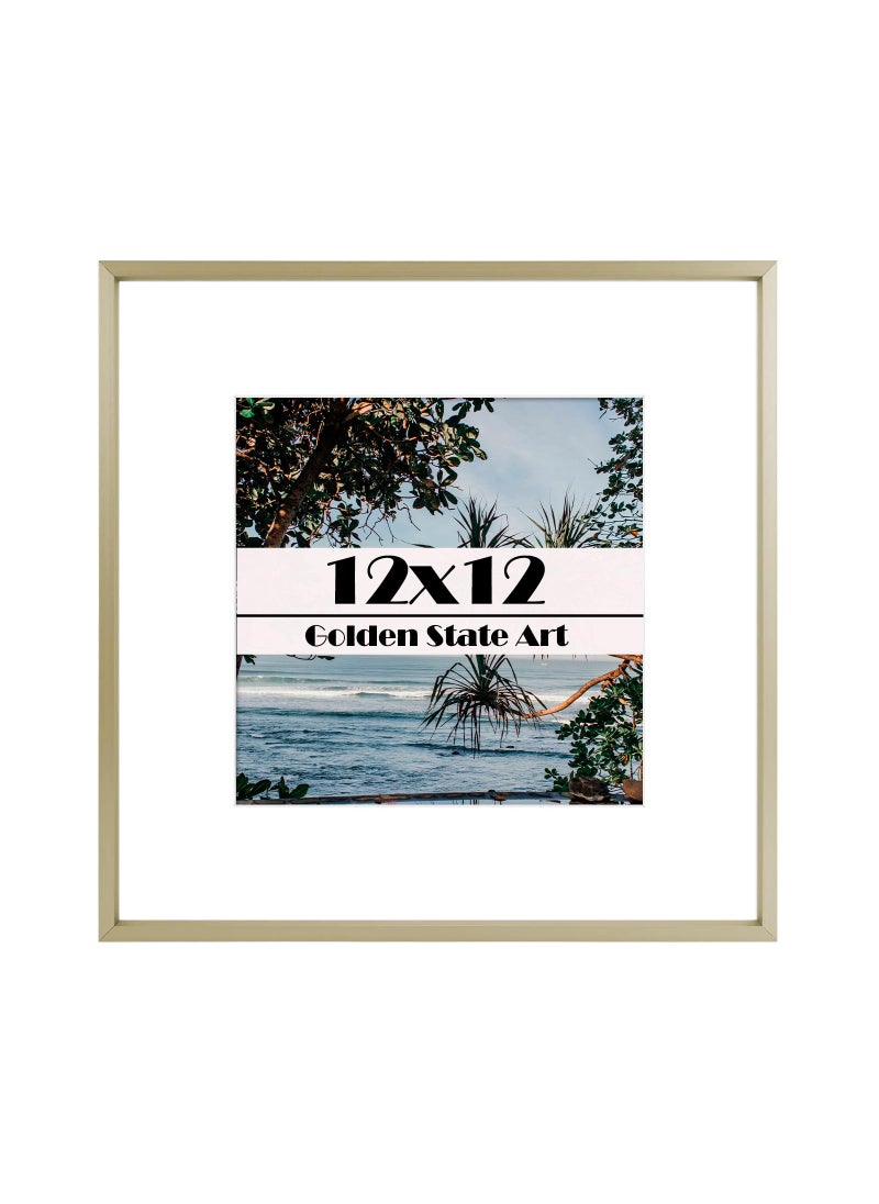 Golden State Art Golden State Art 12x12 Gold Picture Frame Displays Photo 8x8 with Mat or 12 x 12 Without Mat for Wall Mounting Classic Satin Aluminum Frames with Real Glass Pack of 1 