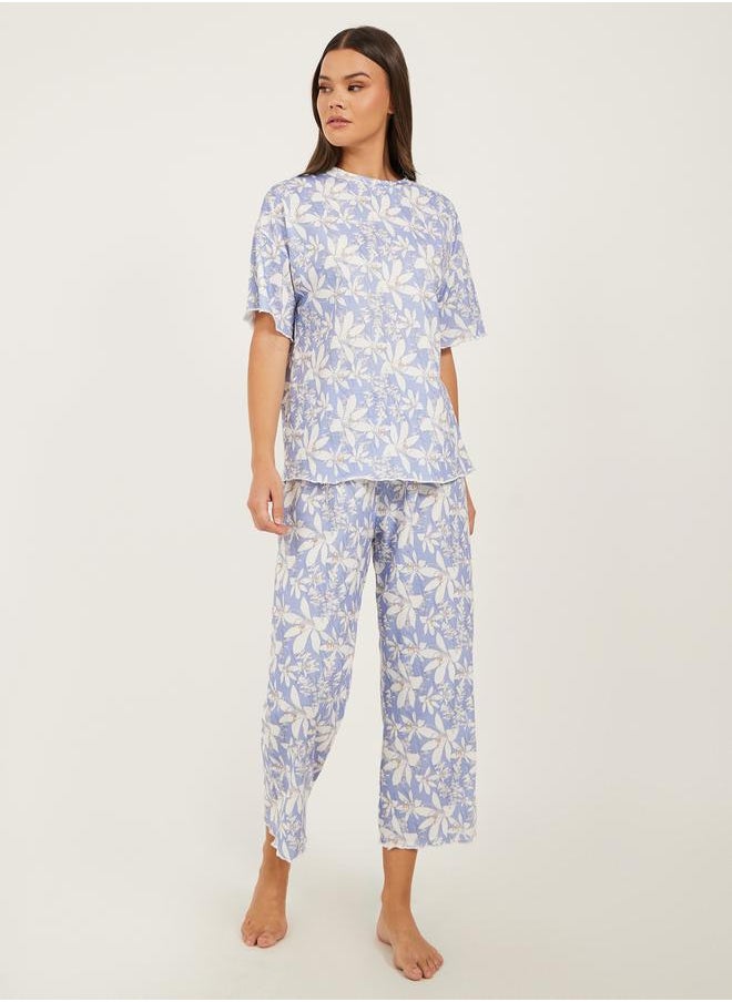 Styli Floral Printed Lettuce Edge Hem T-Shirt and Capri Pyjama Set  - Image 1