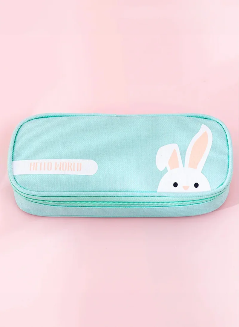 flâneur Flaneur Mint Green Double Zipper Pencil Case with Handle - Cute Bunny Design, Ideal for Kids' School Supplies. Spacious and Durable Organizer for Pencils, Pens, and More. Perfect for School and Home