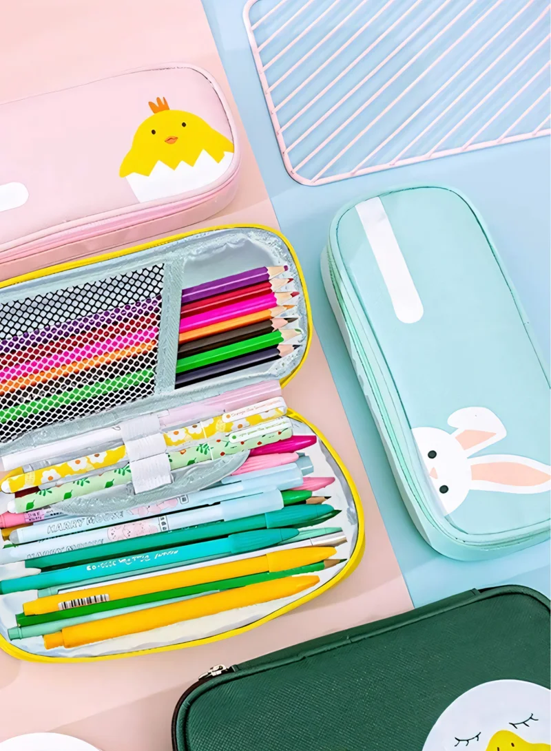 flâneur Flaneur Mint Green Double Zipper Pencil Case with Handle - Cute Bunny Design, Ideal for Kids' School Supplies. Spacious and Durable Organizer for Pencils, Pens, and More. Perfect for School and Home