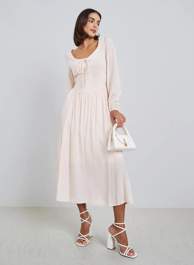 Styli Solid Collar Knot Design - Spring-Themed Puff-Sleeved Girl's MIDI Dress