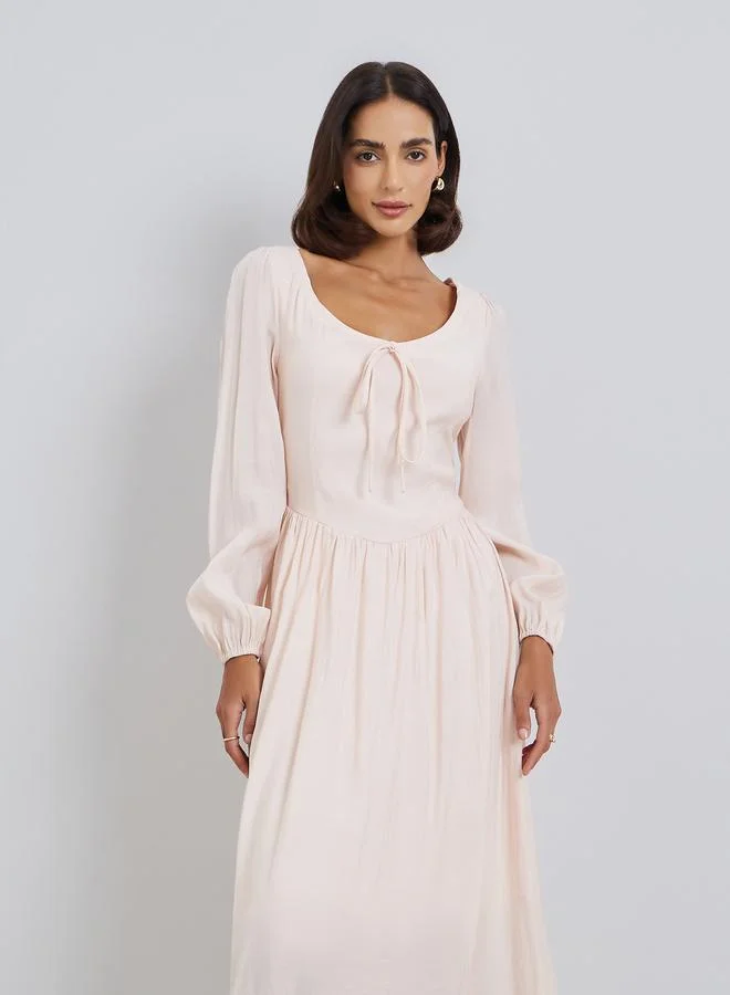 Styli Solid Collar Knot Design - Spring-Themed Puff-Sleeved Girl's MIDI Dress