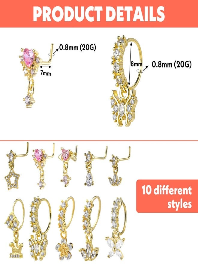 Yolev 10Pcs 20G Dangle Nose Rings Surgical Steel Dangling Nose Ring and L Shaped Dangling Nose Stud Set Gold Butterfly Heart Moon Flower Star Piercing Jewelry CZ Cartilage Earring for Women Party Gathering - Image 3