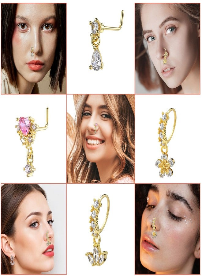 Yolev 10Pcs 20G Dangle Nose Rings Surgical Steel Dangling Nose Ring and L Shaped Dangling Nose Stud Set Gold Butterfly Heart Moon Flower Star Piercing Jewelry CZ Cartilage Earring for Women Party Gathering - Image 4
