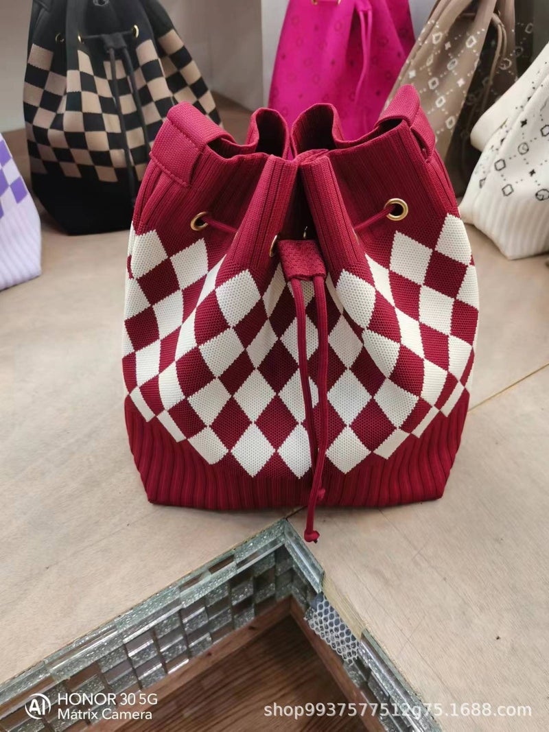04 New Girly Drawstring Stripesd Knitted Satchel Shoulder Bag Versatile Fashion Stylish Rest Trendyy Bag Diagonal - Image 1