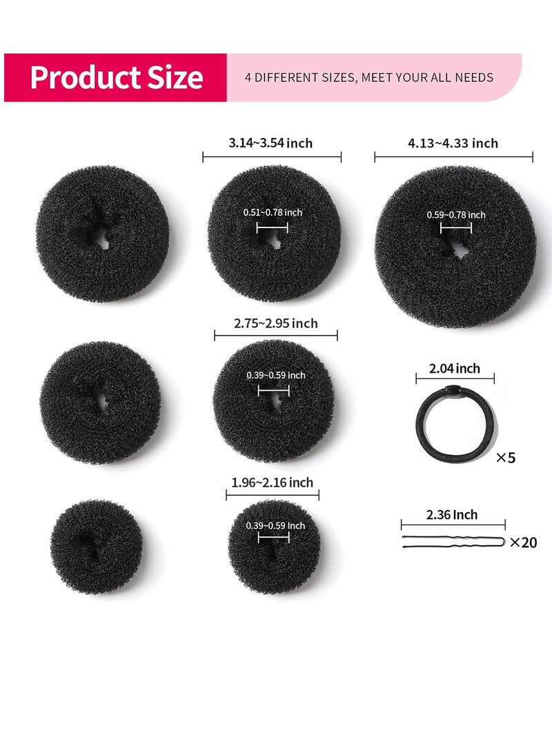 QIRRA 32PCS Hair Bun Maker Kit – 7 Donut Buns (S/M/L/XL), 5 Hair Bands, 20 Pins – Black Hair Styling Accessories for Ballet, Dance, Daily Use  - Image 2