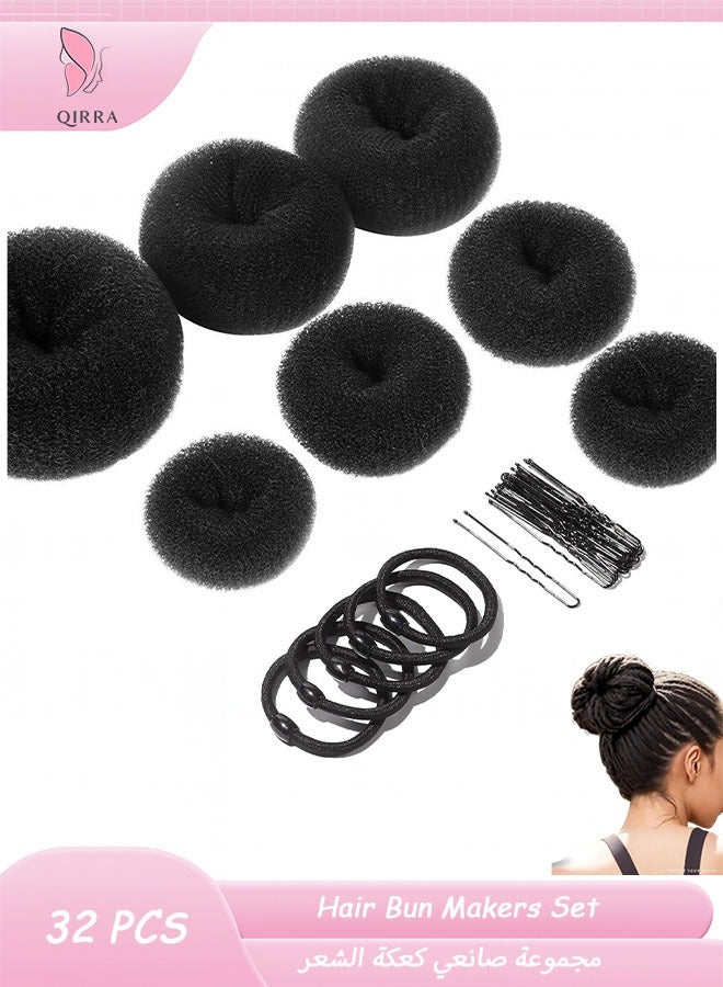 QIRRA 32PCS Hair Bun Maker Kit – 7 Donut Buns (S/M/L/XL), 5 Hair Bands, 20 Pins – Black Hair Styling Accessories for Ballet, Dance, Daily Use  - Image 1