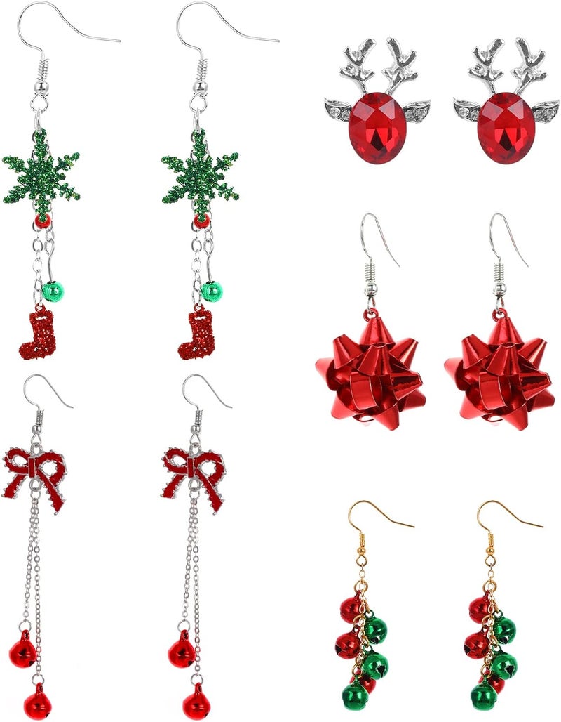 klarako 5 Pairs Christmas Earrings for Women Girl Xmas Thome Earrings Christmas Bow Bell Elk Snowflake Wreath Dangle Earrings - Image 1