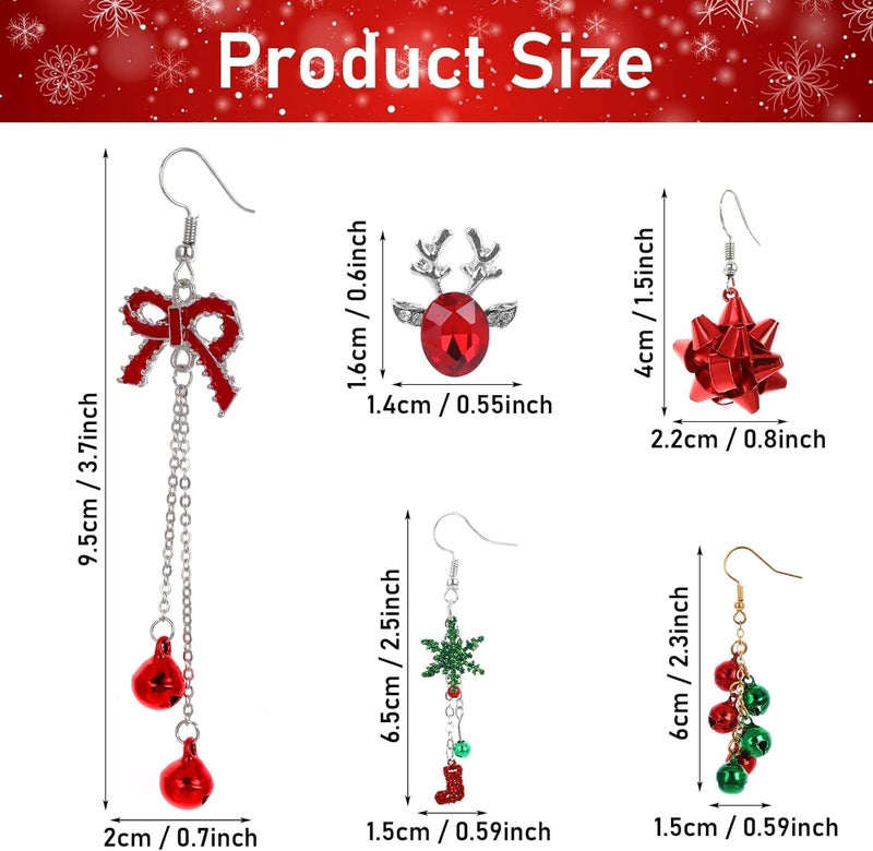 klarako 5 Pairs Christmas Earrings for Women Girl Xmas Thome Earrings Christmas Bow Bell Elk Snowflake Wreath Dangle Earrings - Image 2