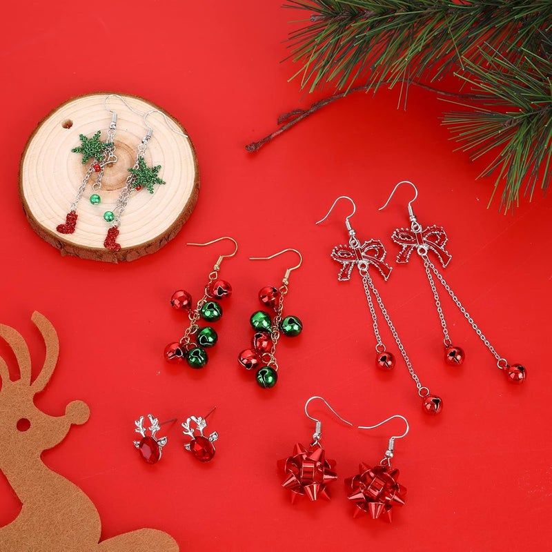 klarako 5 Pairs Christmas Earrings for Women Girl Xmas Thome Earrings Christmas Bow Bell Elk Snowflake Wreath Dangle Earrings - Image 3