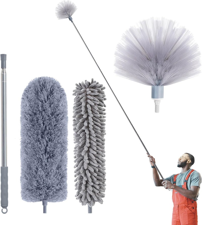 IVYROLL All user affordable trusted quality Cobweb Duster with Extension Pole, 100'' Ceiling Duster Kit with Microfiber Feather Duster & Chenille Duster, Reusable Duster, Bendable, Washable Cost effective fine quality - Image 1