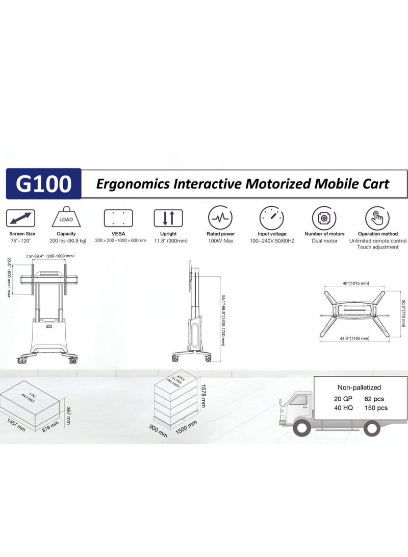 ان بي ايرجونوميك عربة تلفزيون متنقلة قابلة لتعديل الارتفاع الالكتروني لشاشات 75 إلى 120 بوصة، تتحمل حتى 90.9 كجم، متوافقة مع VESA من 200x200 إلى 1000x600 مم، مثالية لغرف الاجتماعات الذكية والمؤتمرات، أبيض | G100 - Image 3