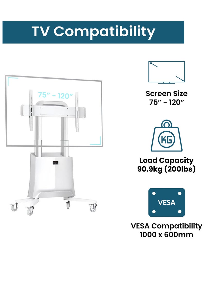 ان بي ايرجونوميك عربة تلفزيون متنقلة قابلة لتعديل الارتفاع الالكتروني لشاشات 75 إلى 120 بوصة، تتحمل حتى 90.9 كجم، متوافقة مع VESA من 200x200 إلى 1000x600 مم، مثالية لغرف الاجتماعات الذكية والمؤتمرات، أبيض | G100 - Image 2