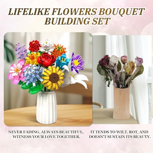 RASOUT Flowers Bouquet Building Set 12 Kinds of Flowers Botanical Collection and Decorative Home for Mothers Day Birthdays Gifts Ideal for 6 Women Girls Adults No Vase - Image 5