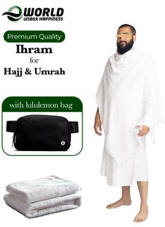 Eworld Men Ihram with Lululemon Everywhere Black Belt Bag for Hajj and Umrah, Ultra Soft, Sweat Absorbent, Fully Opaque 2 Piece Ihram Set for Maximum Comfort  - Image 1