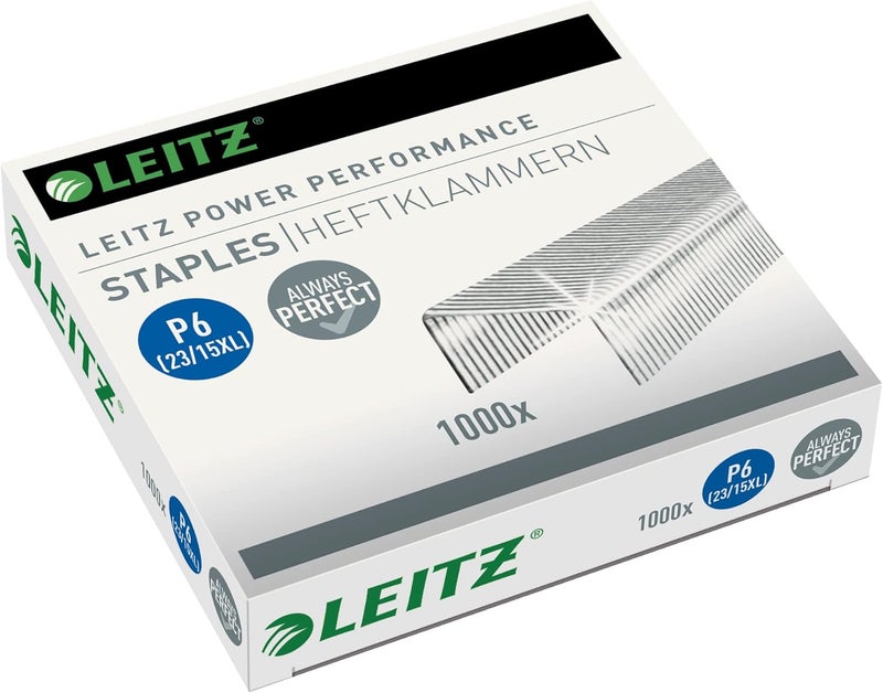 LEITZ 55790000 P6 Power Performance 23/15XL Staples, Power Performance, Resistant Metal Wire, Length 15 mm, 1000 Pieces, Staples Up to 120 Sheet Capacity Global assorted color picks - Image 1