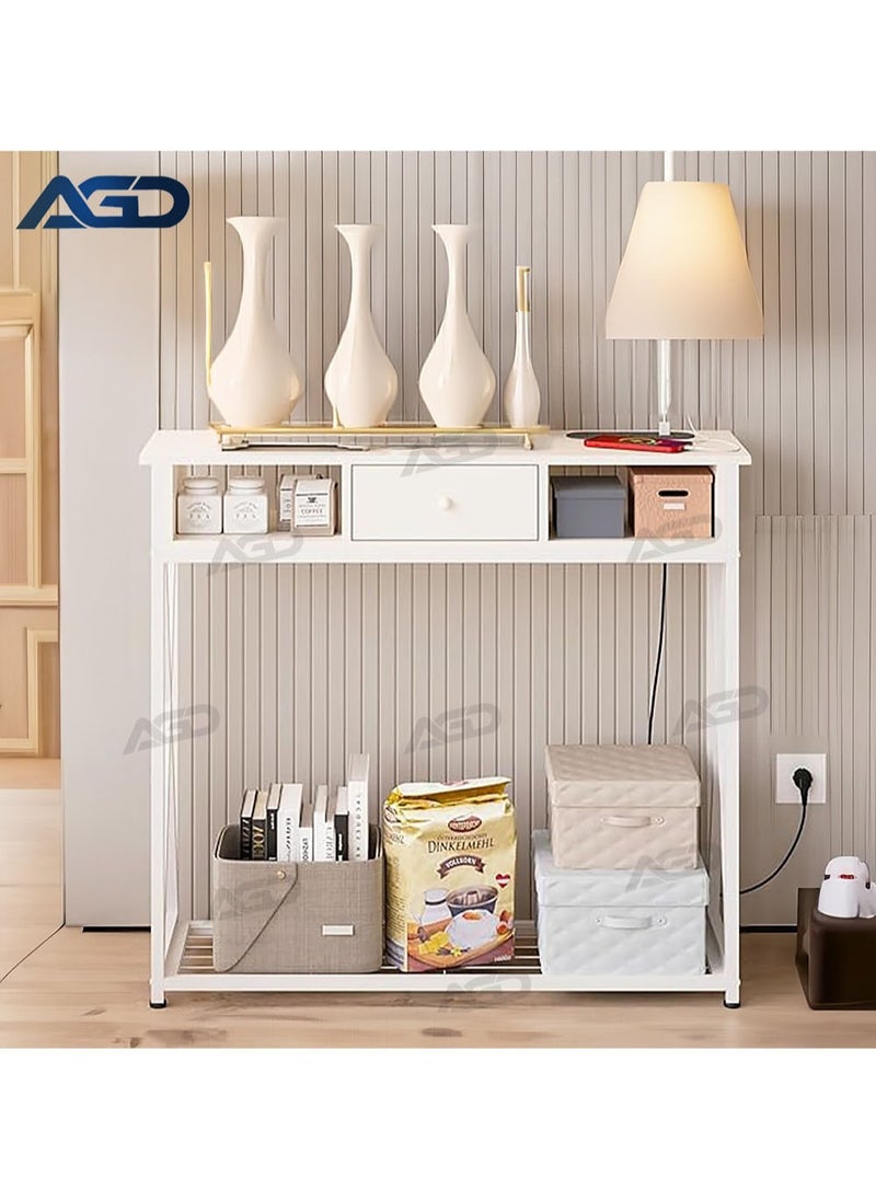 AGD - Console Entryway Table with Charging Dock, Sofa Side Table, Entryway, Hallway, Living Room Table, Coffee Corner Table with Storage Shelf and Power Outlet, White - Image 1