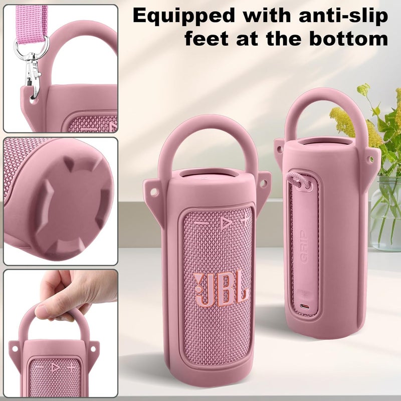 co2CREA Silicone Case for Grip Portable Waterproof Speaker, Portable Travel Soft Cover with Shoulder Strap and Carabiner, Protective Skin Case (Army Pink) - Image 4