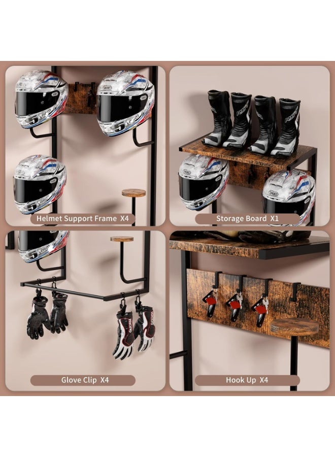 YOUWE7 Motorcycle Helmet Holder Wall Mounted, Helmet Holder Wall Mount with Helmet Rack, 4 Glove Chips and 4 hooks, Rustic Helmet Holder and Motorcycle Helmet Rack for Most of Helmet and Clothes - Image 2
