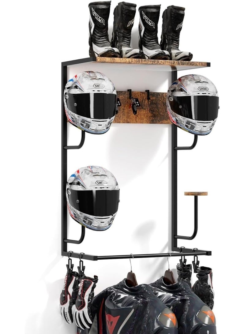 YOUWE7 Motorcycle Helmet Holder Wall Mounted, Helmet Holder Wall Mount with Helmet Rack, 4 Glove Chips and 4 hooks, Rustic Helmet Holder and Motorcycle Helmet Rack for Most of Helmet and Clothes - Image 1