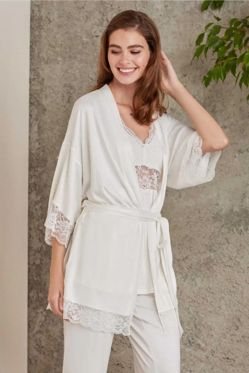 pierre cardin 2810 Women's Ecru Laced Combed Cotton Dressing Gown Pajama Set