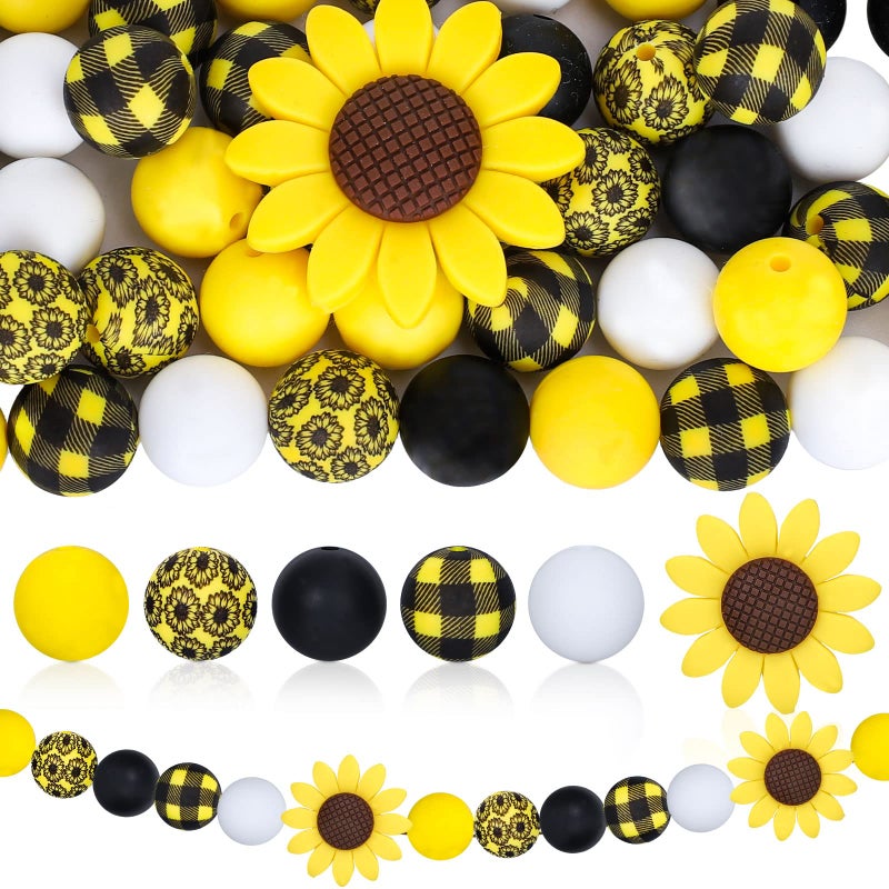 Whaline 102Pcs Sunflower Silicone Bead with Rope Sunflower Shape Silicone Bead Yellow Black Plaid Round Loose Bead Sunflower Prints Spacer Bead for DIY Craft Necklace Bracelet Jewelry Keychain Making