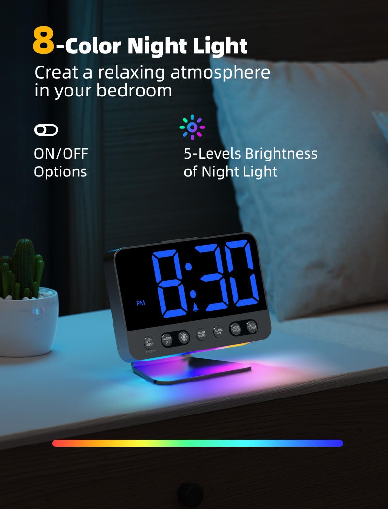 Odokee Digital Alarm Clocks for Bedrooms: Large Bold Number 5 Brightness Dimmer - Easy to Read Across The Room - 5 Alarm Sound 8 Night Light - Black - Image 5