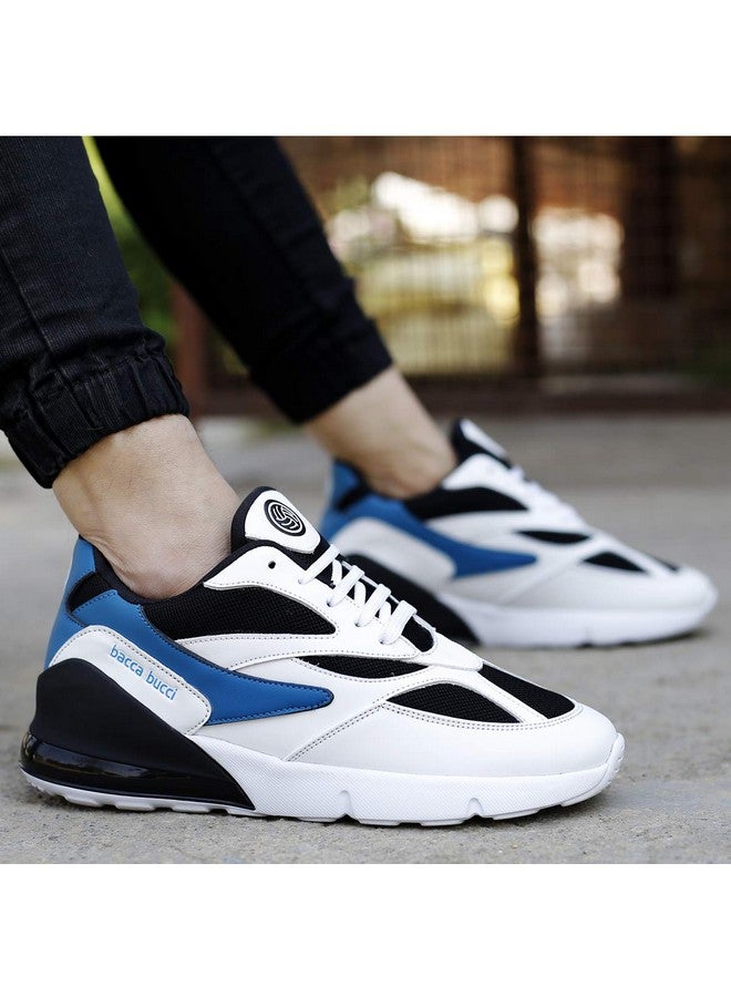 Bacca Bucci® Men's Urban Retro Series 2.0 Color Blocked Fashion Sneaker/Sports for Walking, Party,Shopping,Running & Fun- White & Blue, Size UK8 - Image 2