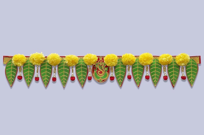 Saugat Traders Ganesh Pan Toran with Artificial Yellow Marigold Flower Toran for Entrance Door - Home Decoration - Main Door - Embroidery Work Cloth Bandhanwar 3 Feet - Image 1
