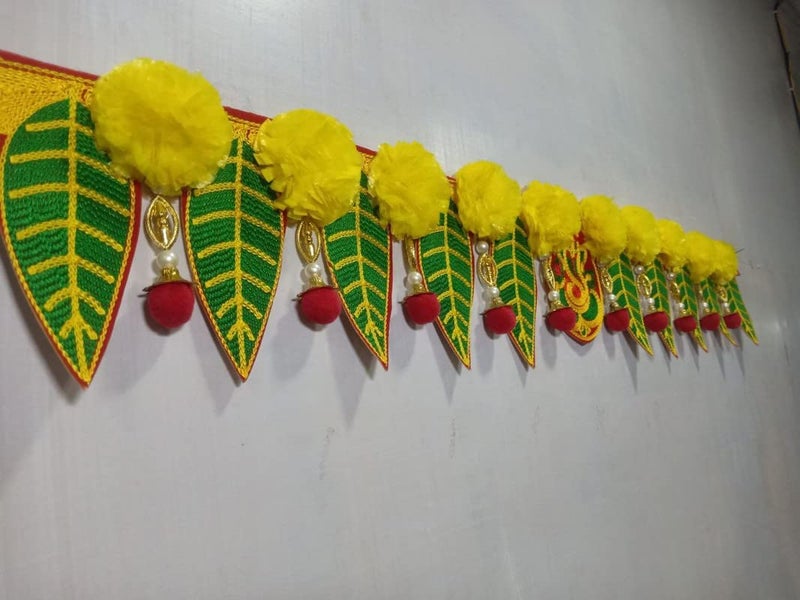 Saugat Traders Ganesh Pan Toran with Artificial Yellow Marigold Flower Toran for Entrance Door - Home Decoration - Main Door - Embroidery Work Cloth Bandhanwar 3 Feet - Image 5