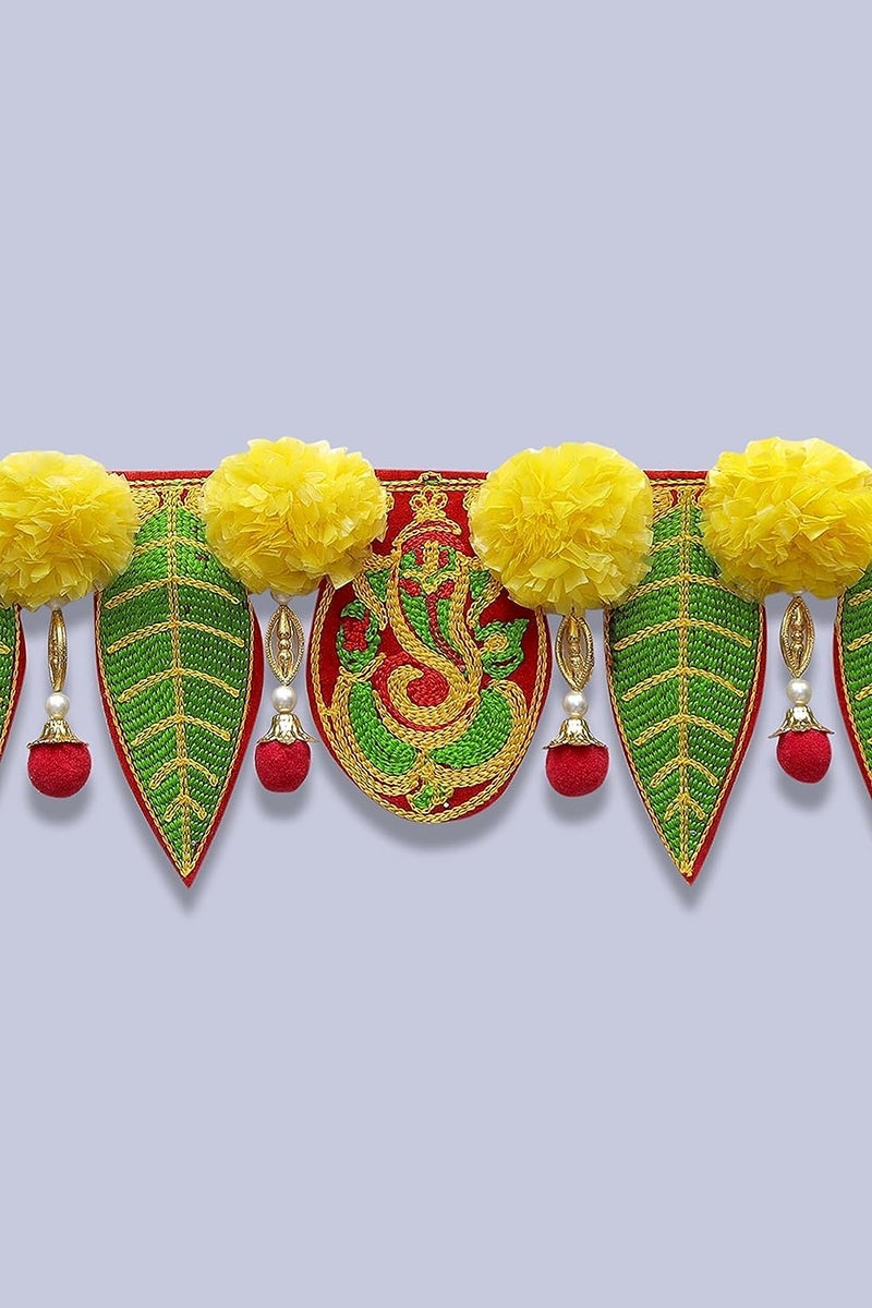 Saugat Traders Ganesh Pan Toran with Artificial Yellow Marigold Flower Toran for Entrance Door - Home Decoration - Main Door - Embroidery Work Cloth Bandhanwar 3 Feet - Image 4