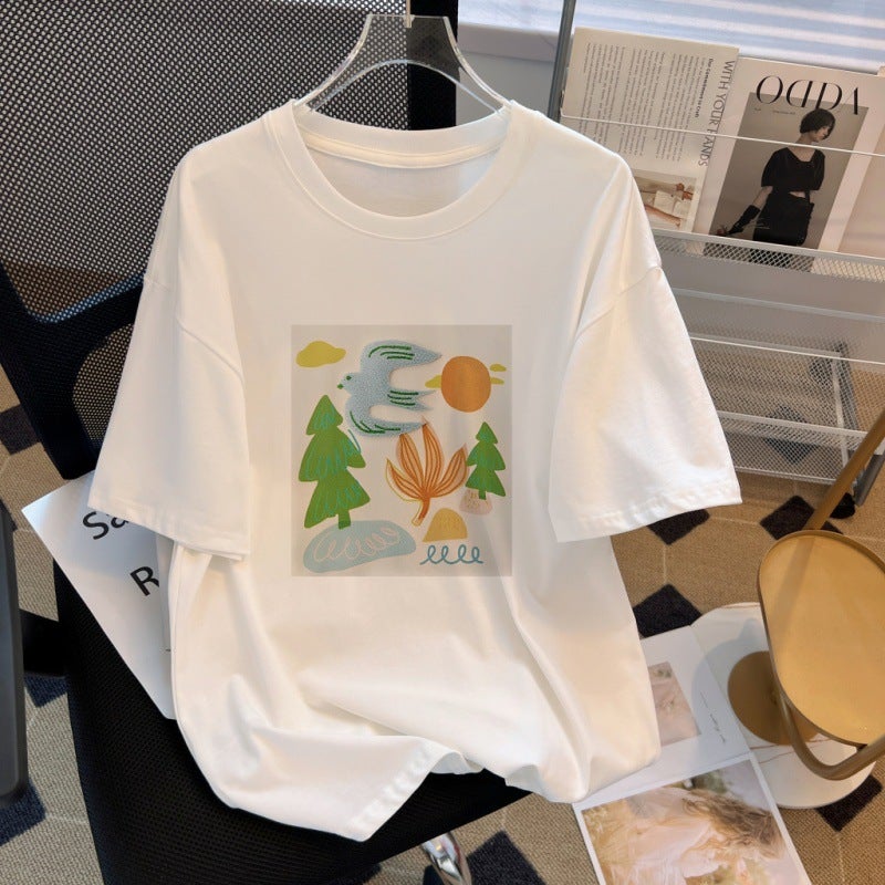 Real shot real price 100% cotton combed cotton printed summer short sleeve t-shirt women's loose Korean style plus size women's clothing - Image 4