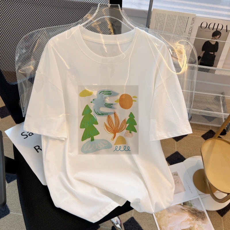 Real shot real price 100% cotton combed cotton printed summer short sleeve t-shirt women's loose Korean style plus size women's clothing - Image 5