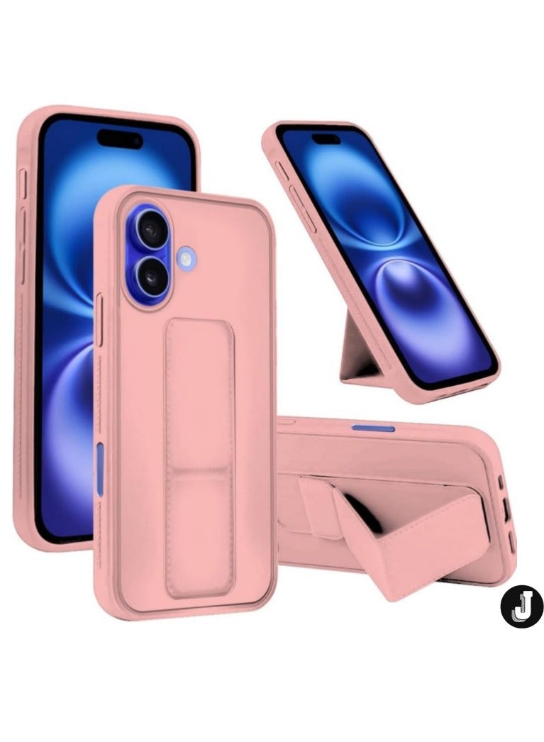 JAJEEK iPhone 16 Magnetic Car Mount Case – Pink Silicone Kickstand with Hand Strap & Multi-Stand Feature - Image 1