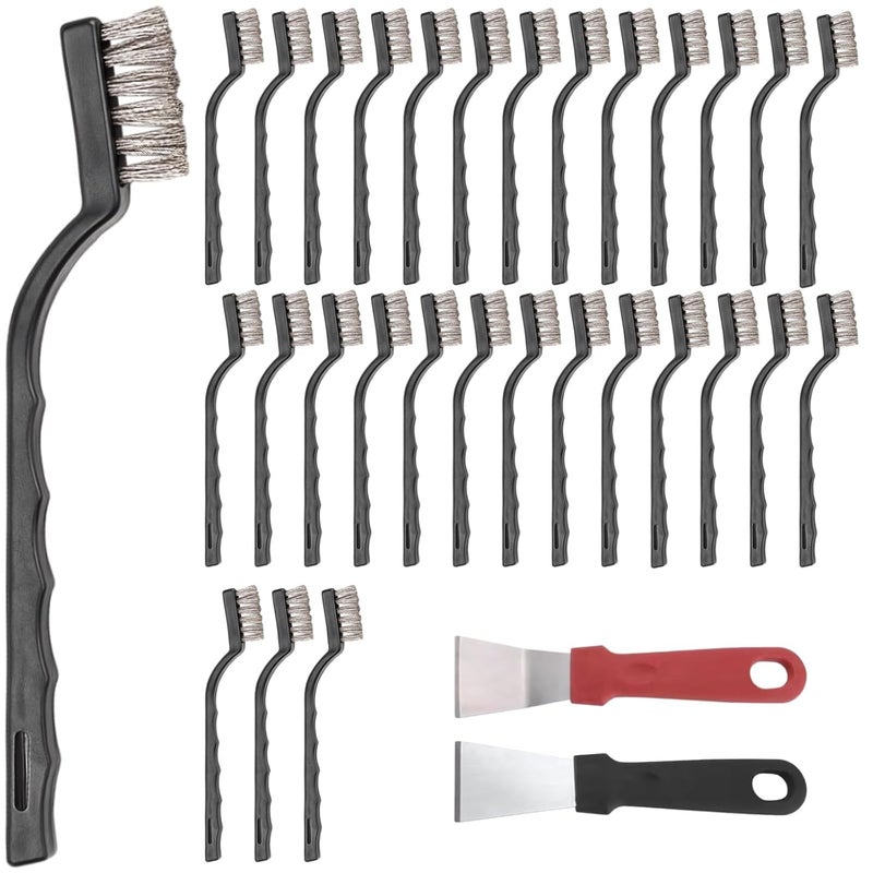 30 Pcs 7-Inch Wire Brushes in Stainless Steel for Rust Elimination, Comes with 2 Scraping Tools, Anti-Slip Handles for Ergonomics, Ideal for Cleaning Metal - Image 1