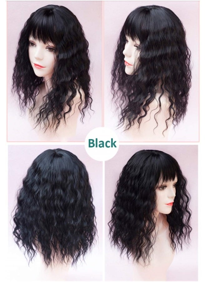 HALAMODO - Women's Curly Hair Topper Hairpieces with Bangs Soft Synthetic Clip in Toppers Loose Water Wave Hairpiece for Thinning Hair - Image 1