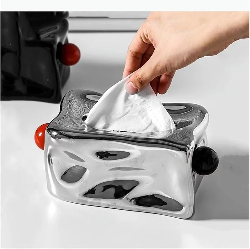 Black Ceramic Tissue Box With Silver Pleats Geometric Spheres Tabletop Storage Container - Image 4