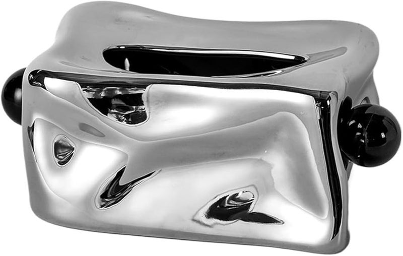 Black Ceramic Tissue Box With Silver Pleats Geometric Spheres Tabletop Storage Container - Image 2