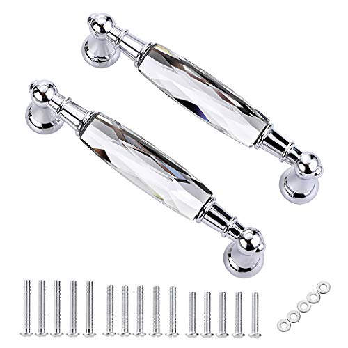 JUXYES Pack of 2 Crystal Cabinet Handles Pulls, Chrome Silver Glass Handle Decorative Drawer Pulls Modern Cupboard Door Handle Knobs for Dresser Drawer Cabinet Closet (5") - Image 1